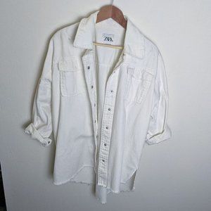 Zara White Denim Distressed Button Up Shacket